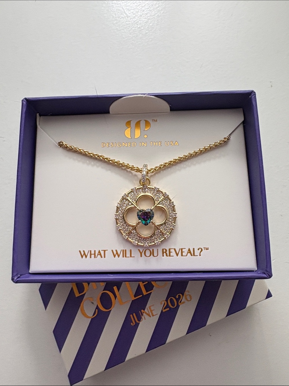 Gold Floral Clover Necklace with Alexandrite Heart Accent